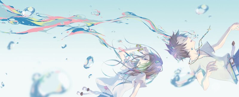Two characters underwater with colorful ribbons