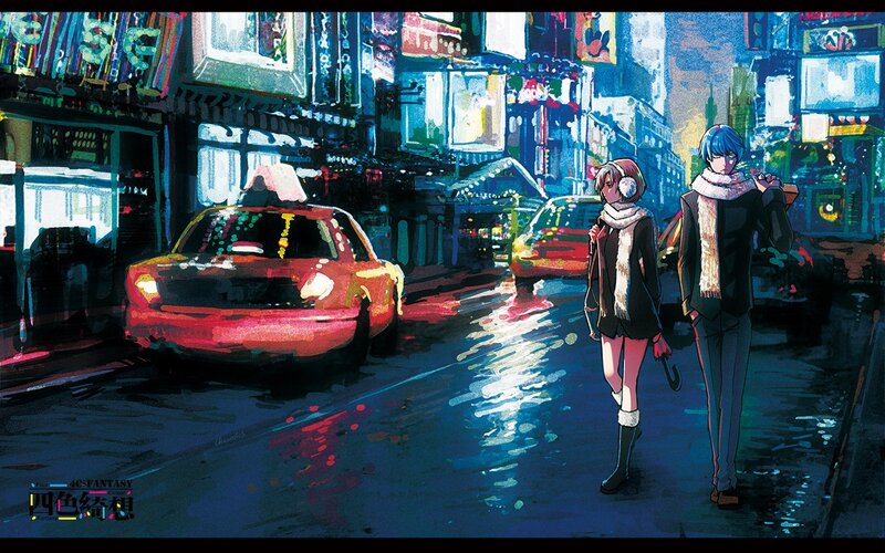Two characters walk through a rainy city