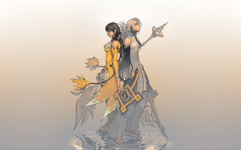 two characters walking in water