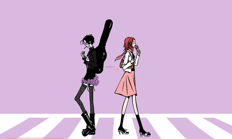 Two characters walking on a crosswalk