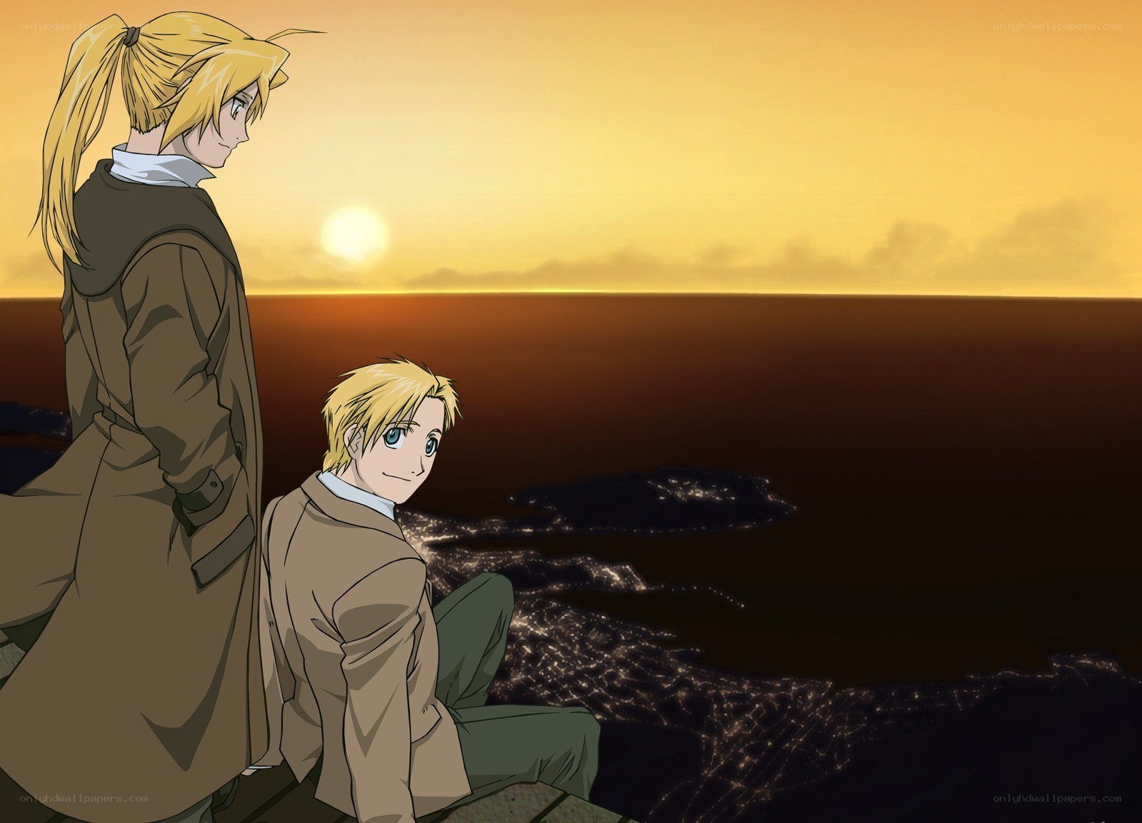 Two characters watch sunset over sea