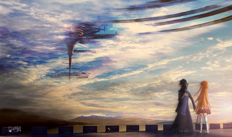 Two Characters Watching a Structure — Blue, Dramatic