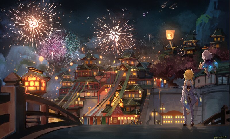 Two Characters Watching Fireworks — Dark Blue