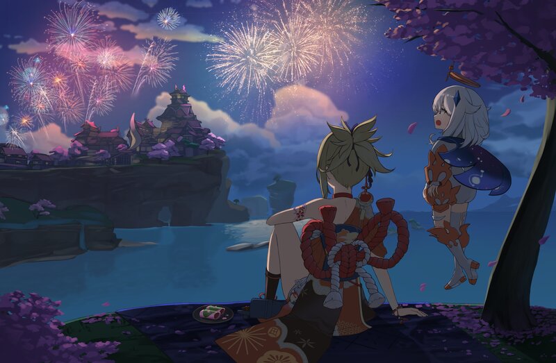 Two Characters Watching Fireworks — Purple, Serene