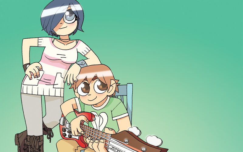Two characters with a bass guitar