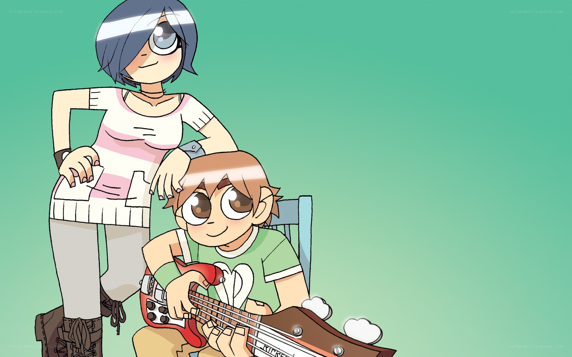 Two characters with a bass guitar