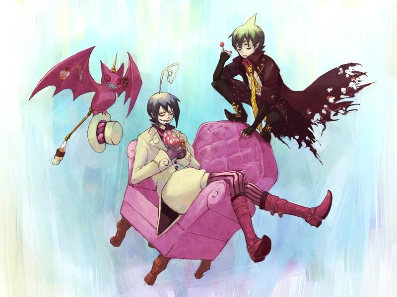 Two characters with a bat creature
