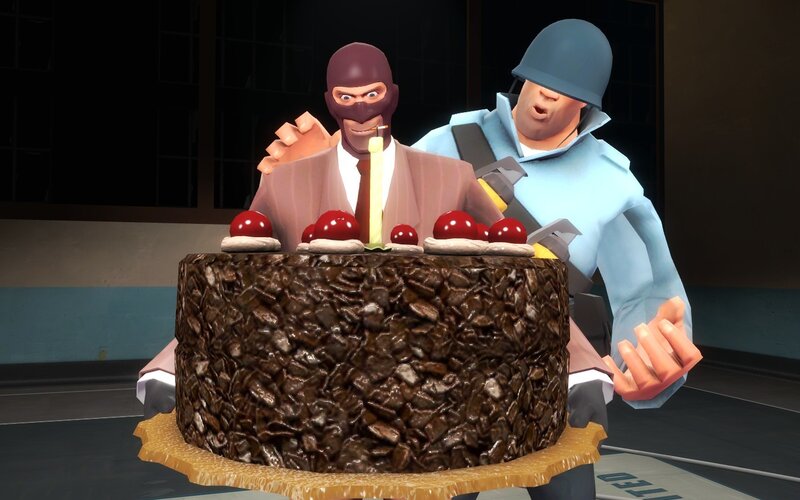 Two characters with a cake