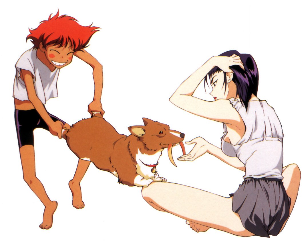 Two characters with a corgi dog