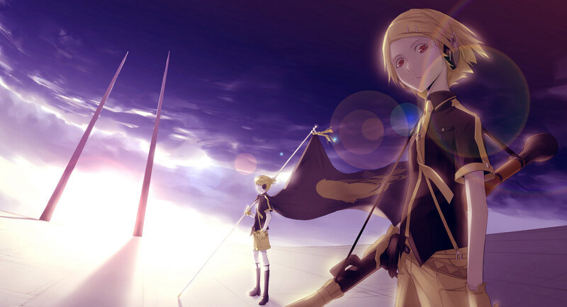 Two characters with a flag
