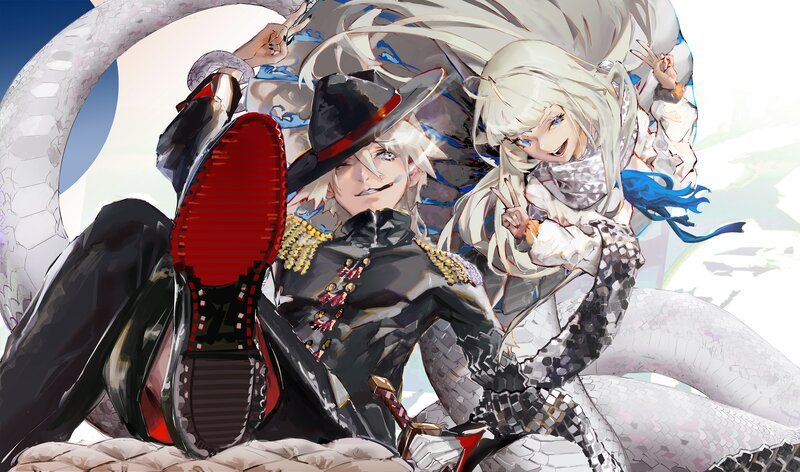 Two Characters with a Snake