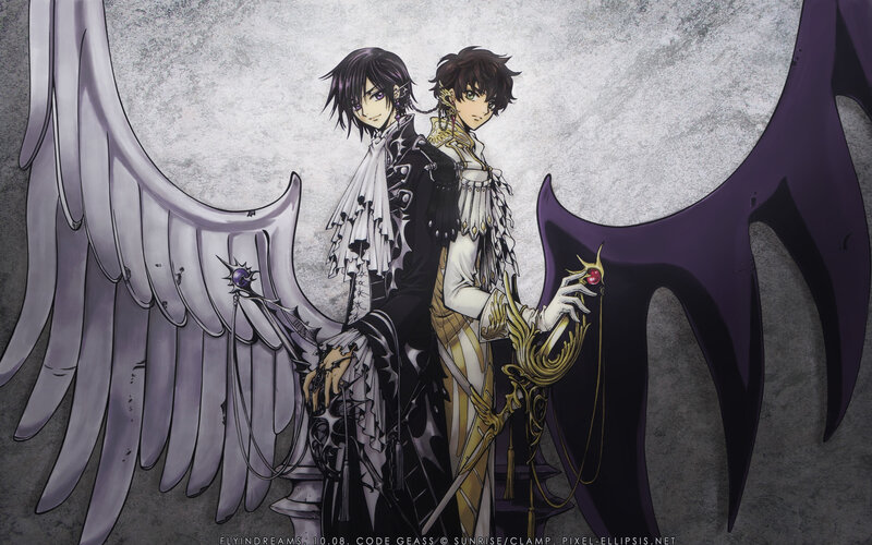 Two characters with angel and demon wings