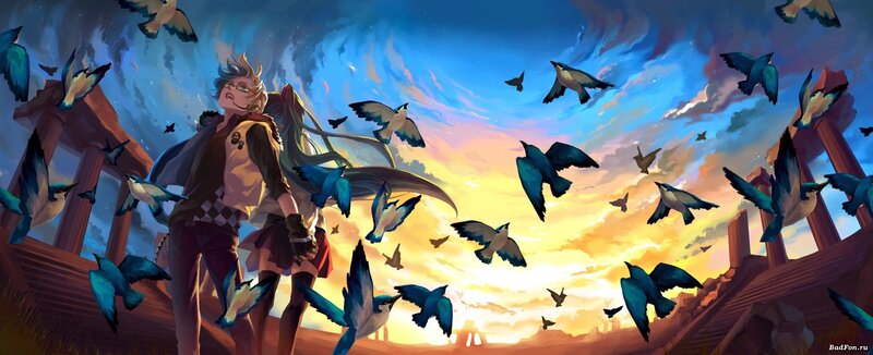 Two Characters with Birds — Blue, Dramatic, Sunset