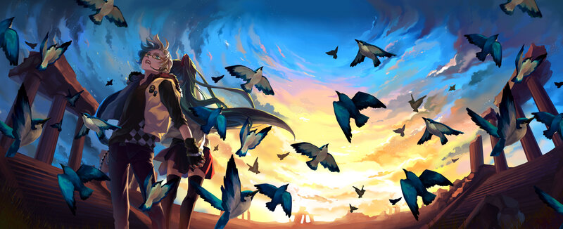 Two Characters with Birds — Blue, Dramatic