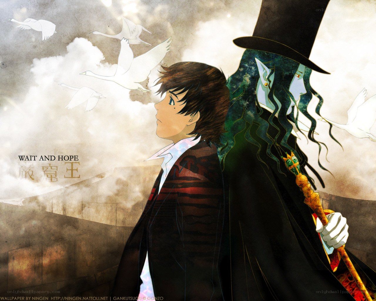 Two characters with birds flying