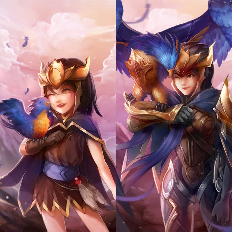 Two Characters with Birds — Purple