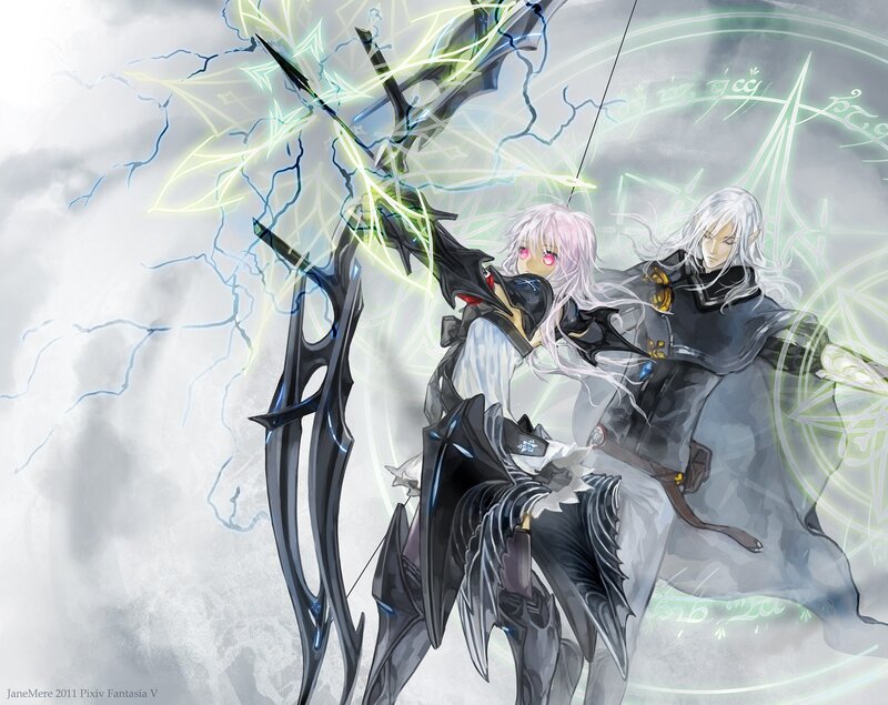 Two Characters with Bows — White, Dramatic