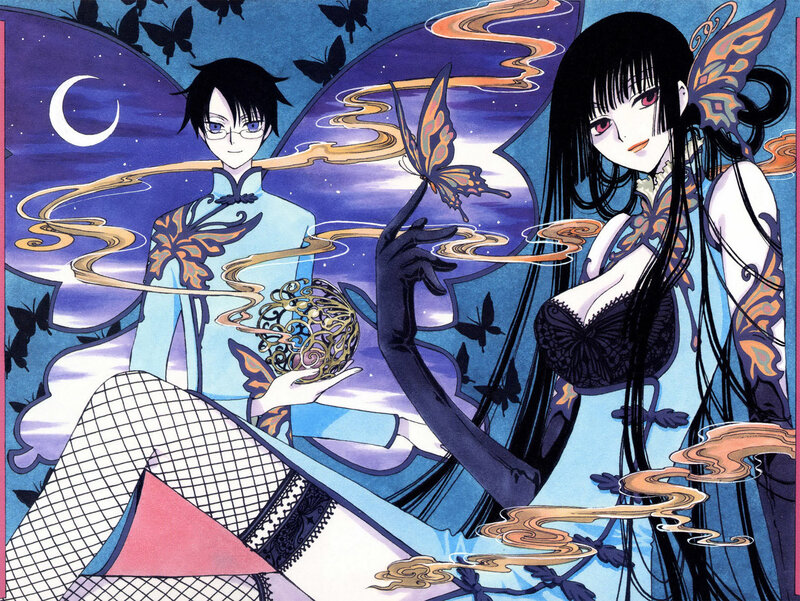 Two characters with butterfly motifs