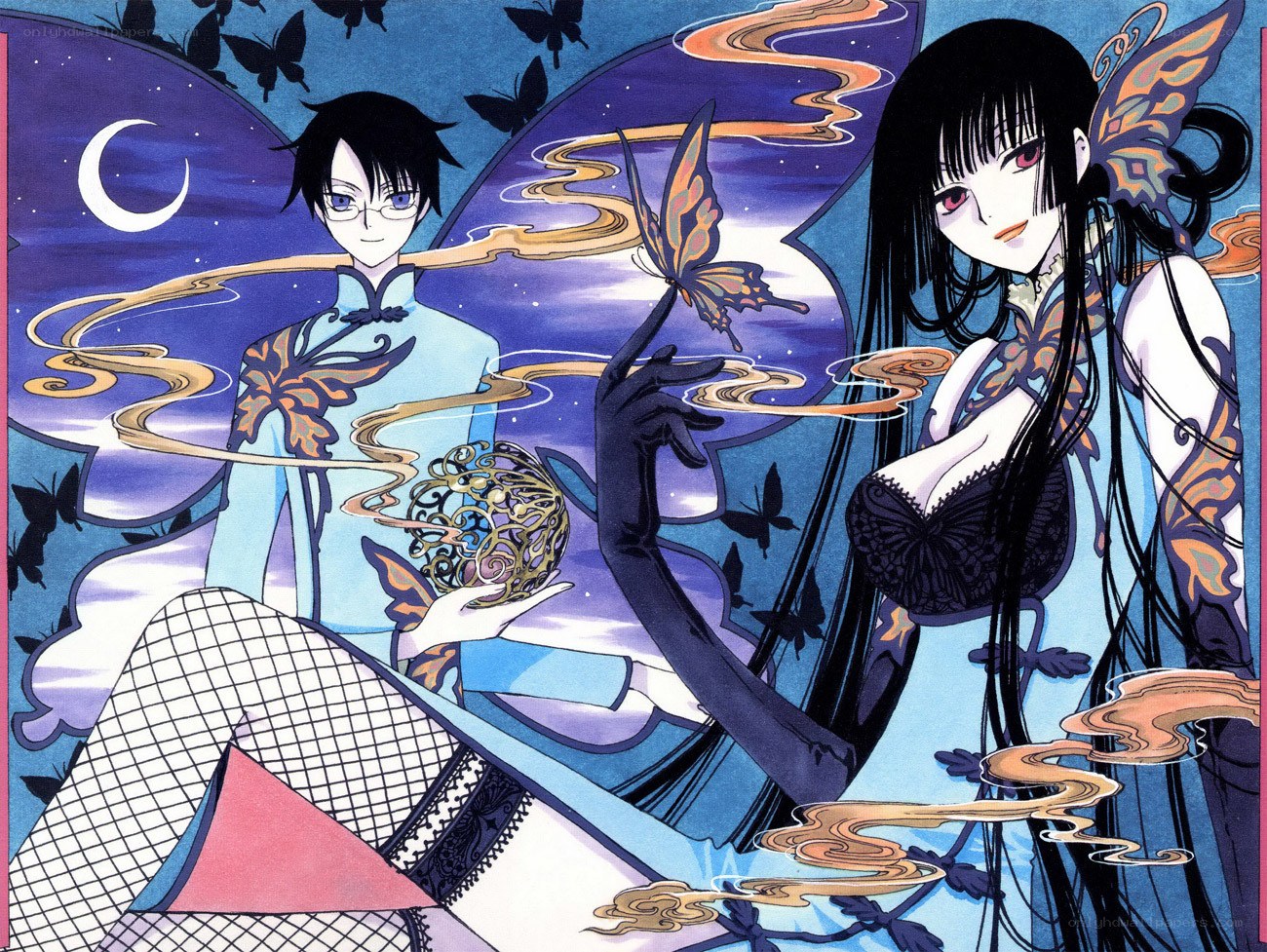 Two characters with butterfly motifs
