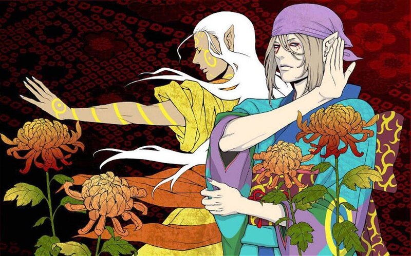 two characters with chrysanthemums