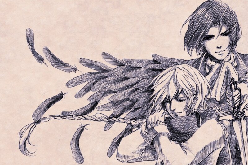 Two characters with feathered wings