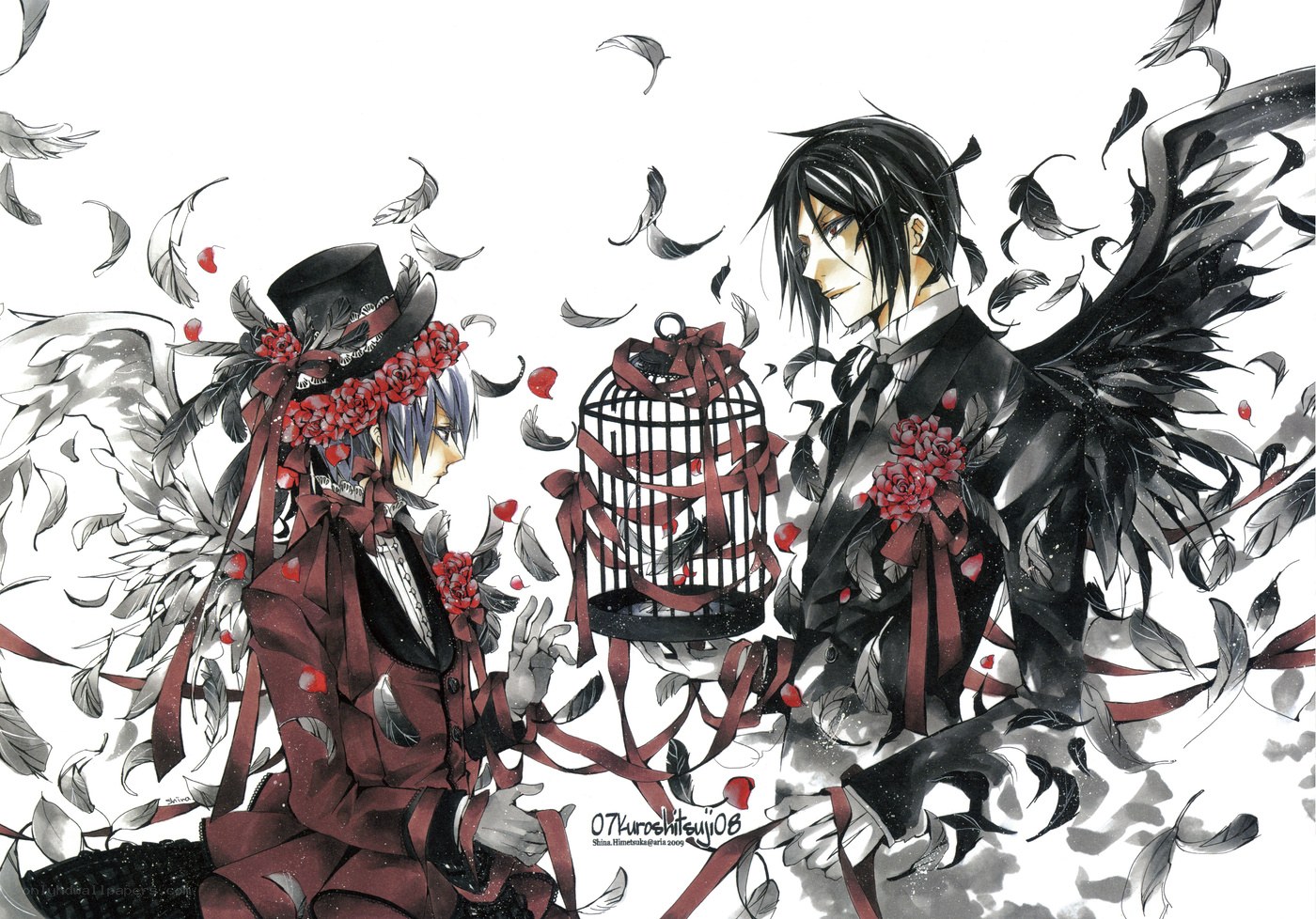 Two characters with feathers and a birdcage