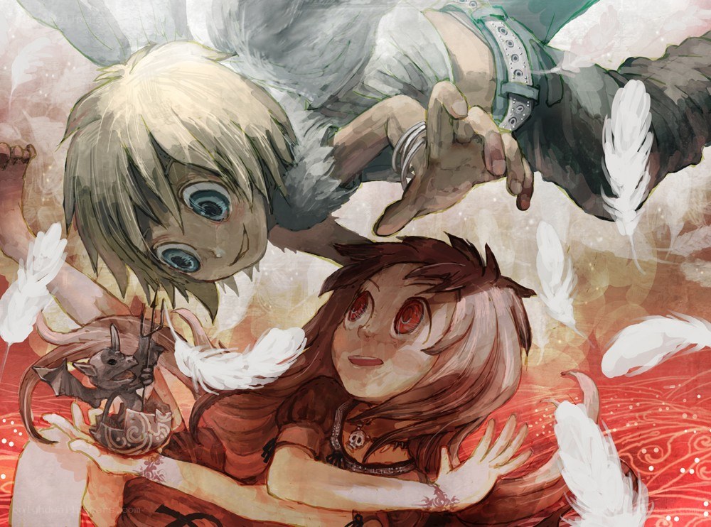 Two characters with feathers