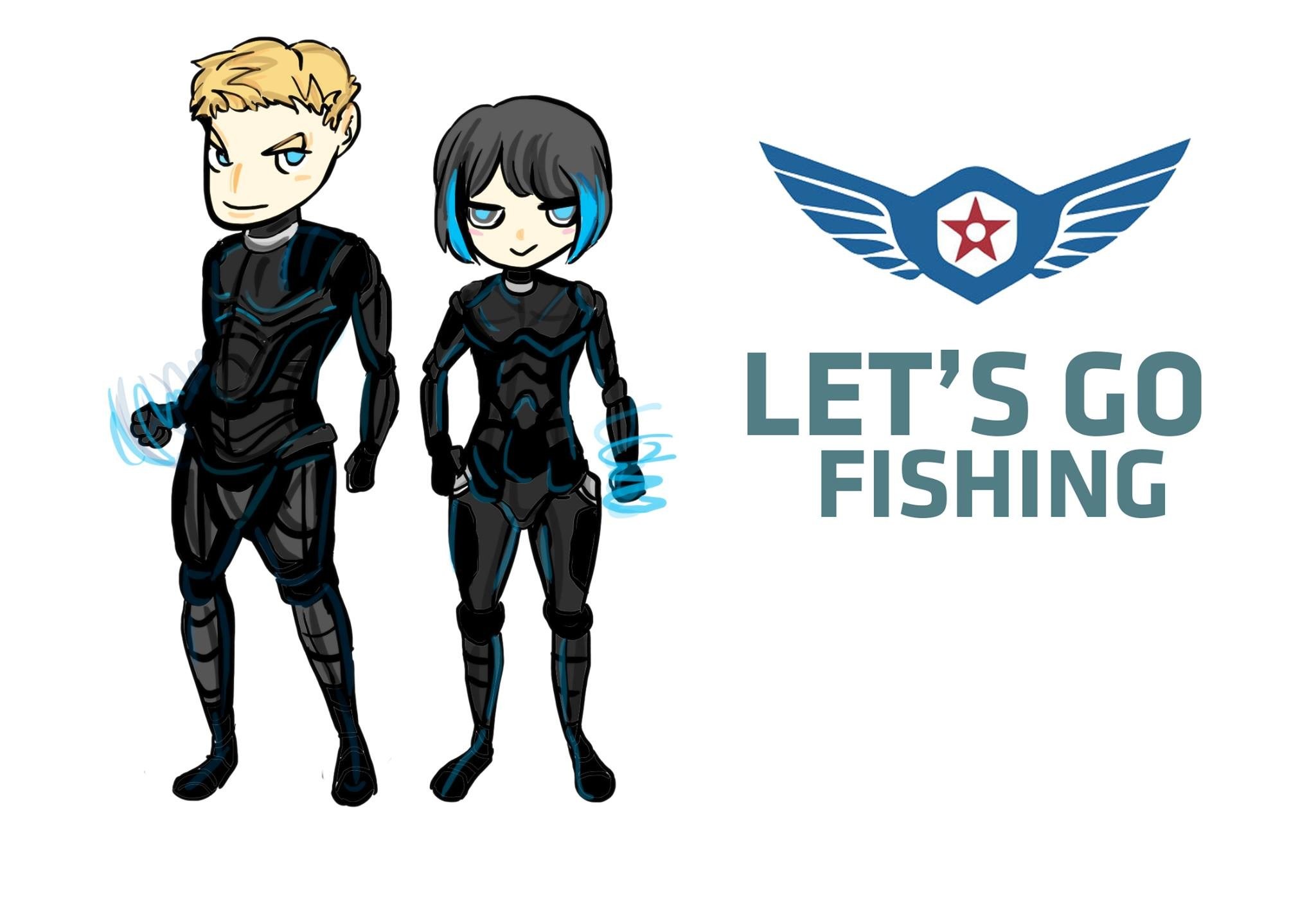 two characters with fishing logo