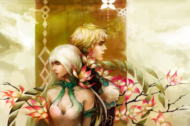 Two Characters with Flowers — Green