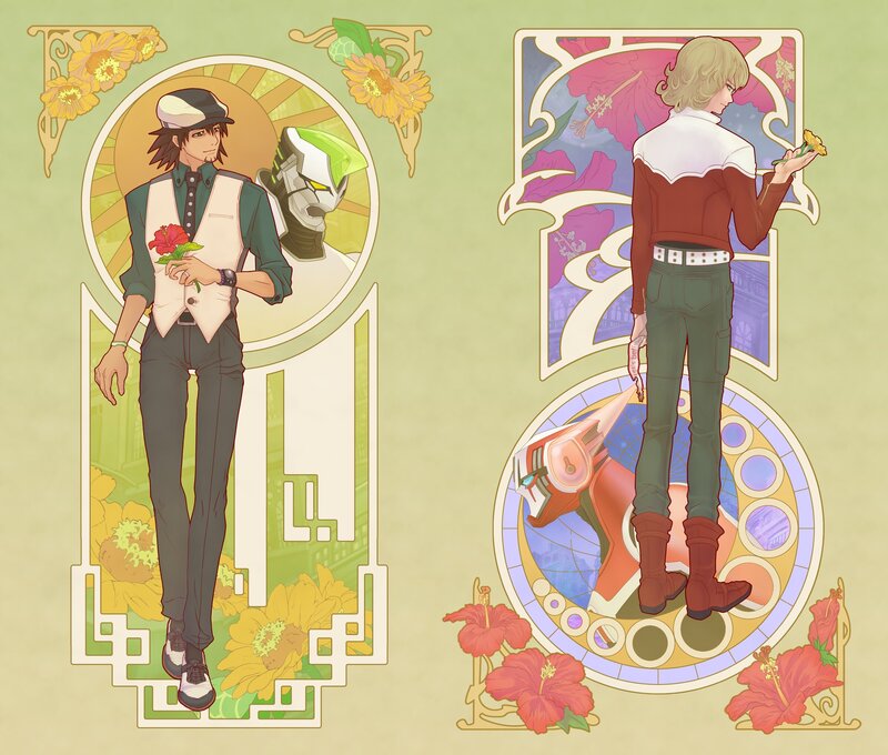 Two characters with flowers