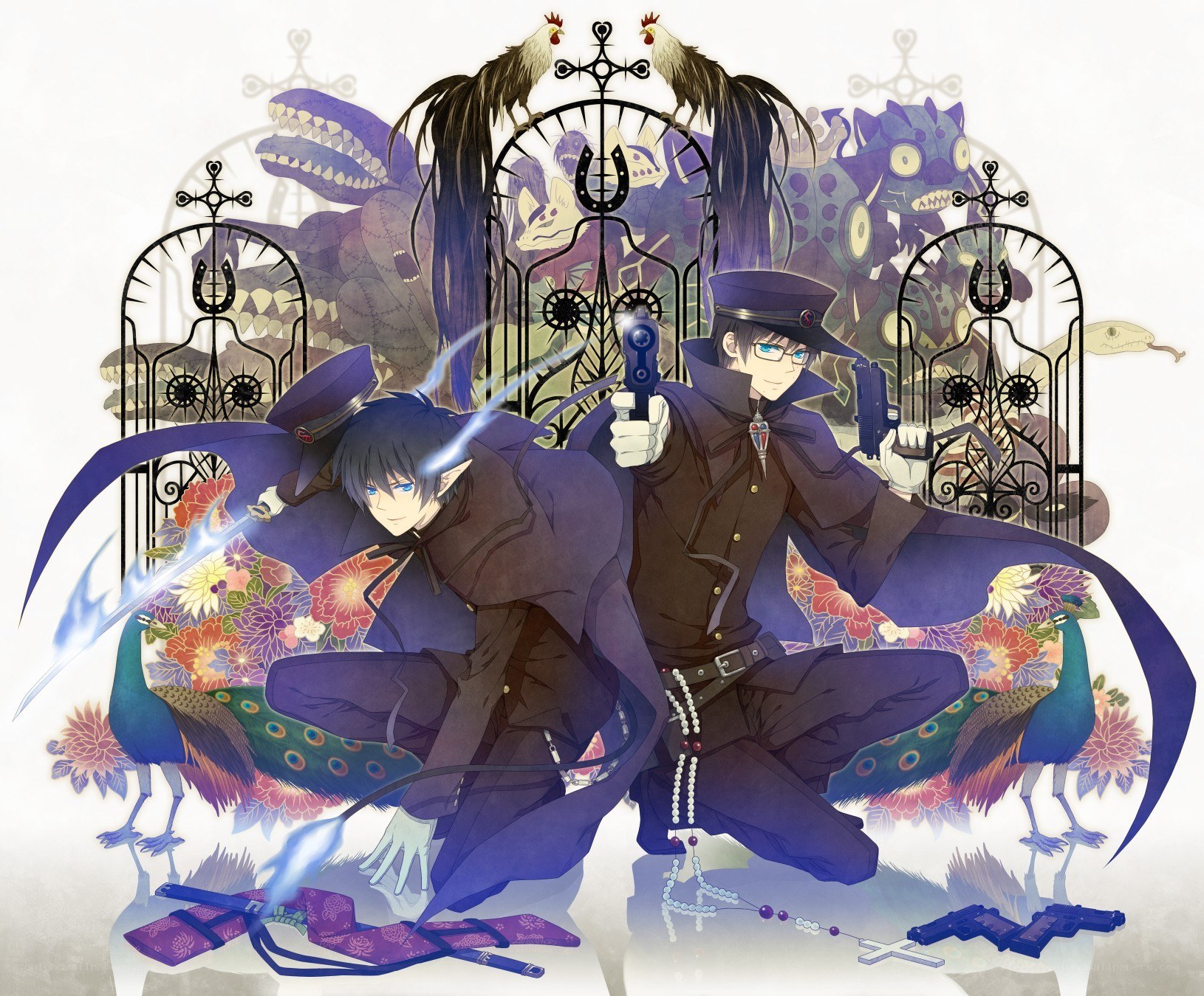 Two characters with guns and swords