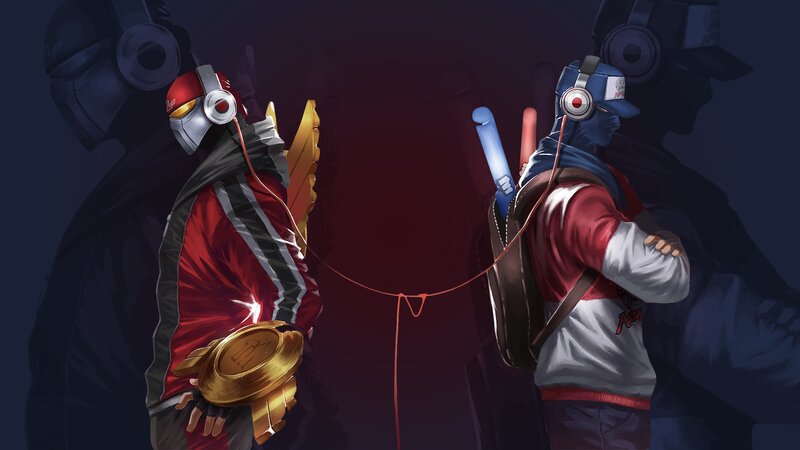 Two Characters with Headphones — Blue