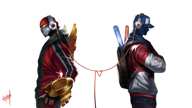Two Characters with Headphones — Red, Neutral