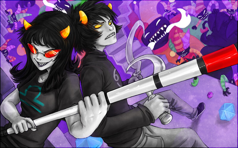 Two characters with horns and weapons