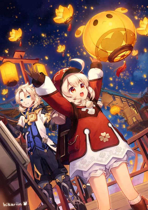 Two Characters with Lanterns — Blue
