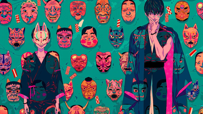 Two Characters with Masks — Teal
