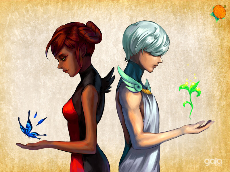 Two characters with nature elements