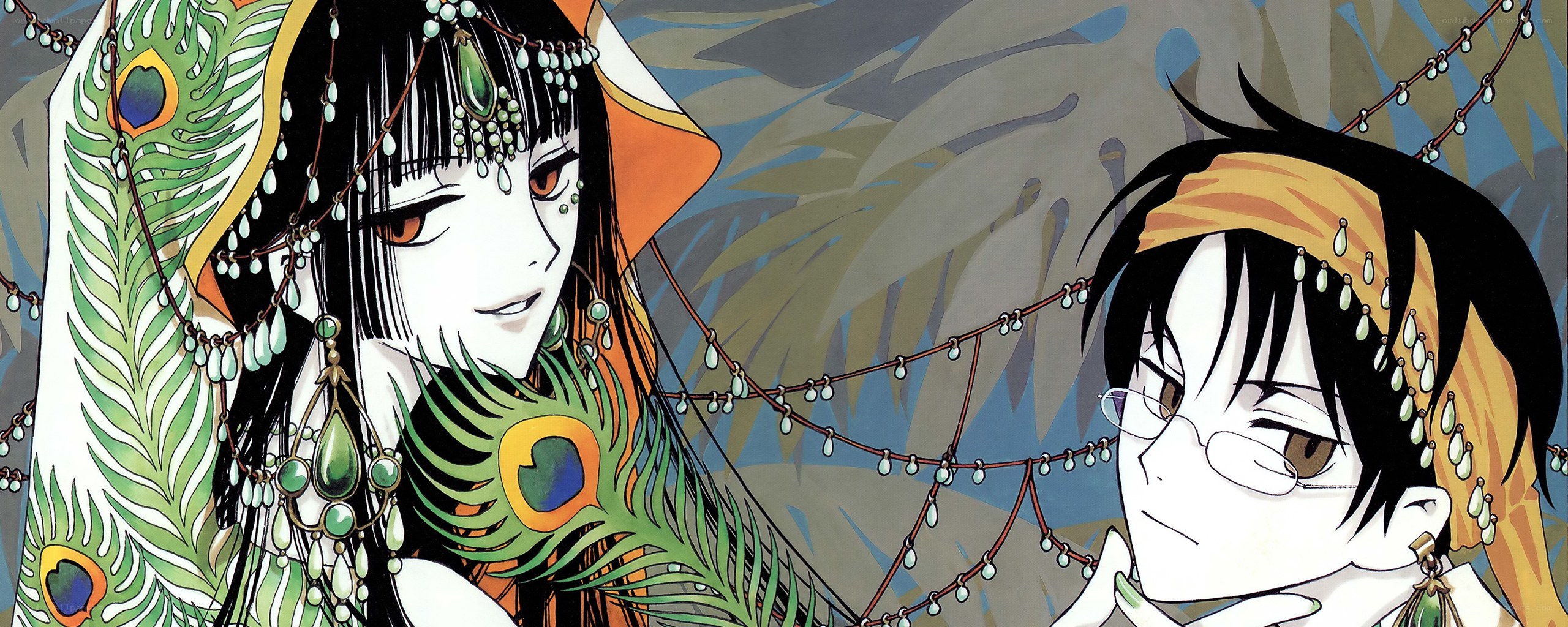 Two characters with peacock feathers