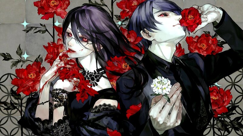 Two Characters with Red Flowers