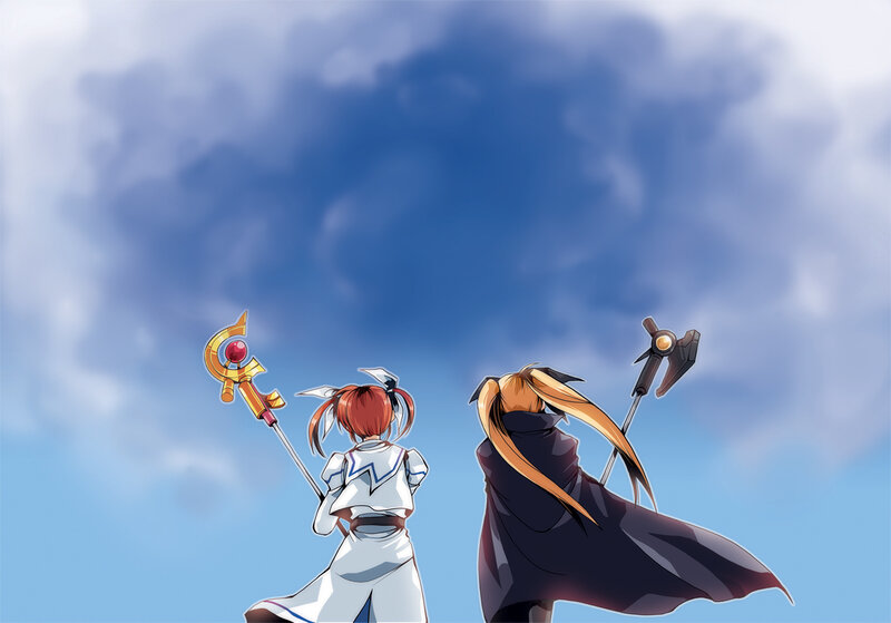 Two characters with staffs under a cloudy sky