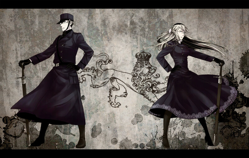 Two Characters with Swords — Black, Dramatic, Anime, Lion Crest