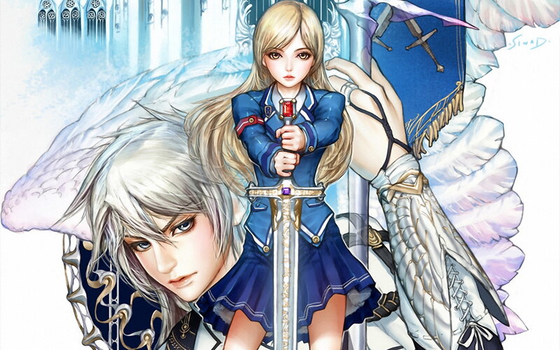 Two Characters with Swords — Blue, Dramatic, Digital Art, Wings
