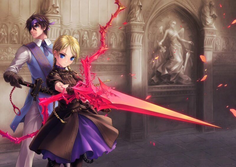 Two Characters with Swords — Red, Dramatic, Anime, Statue