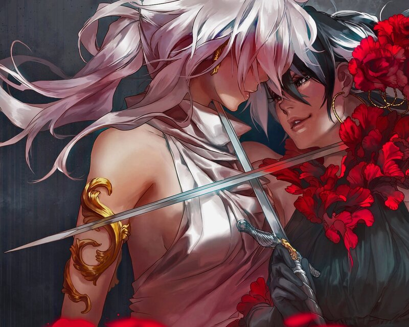 Two Characters with Swords — Red, Dramatic, Digital Art