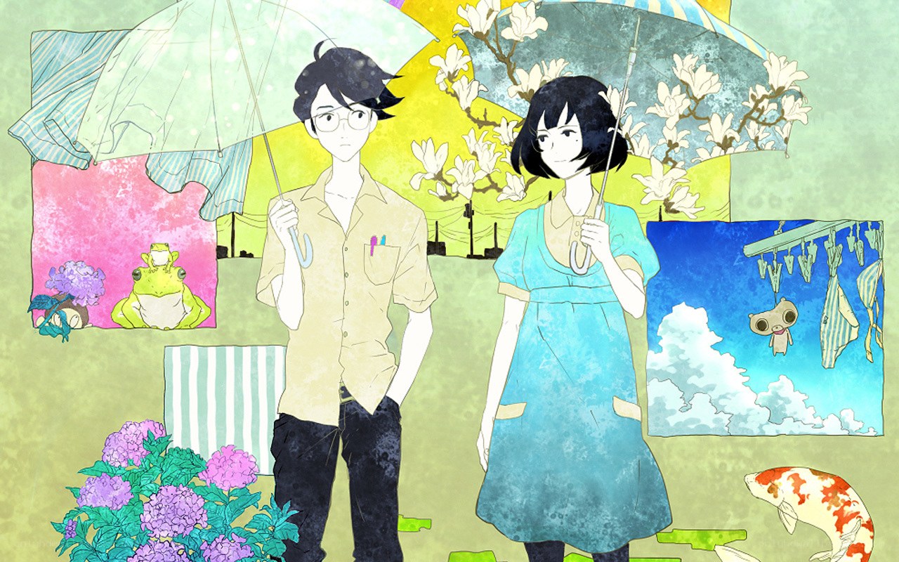 Two characters with umbrellas in a collage