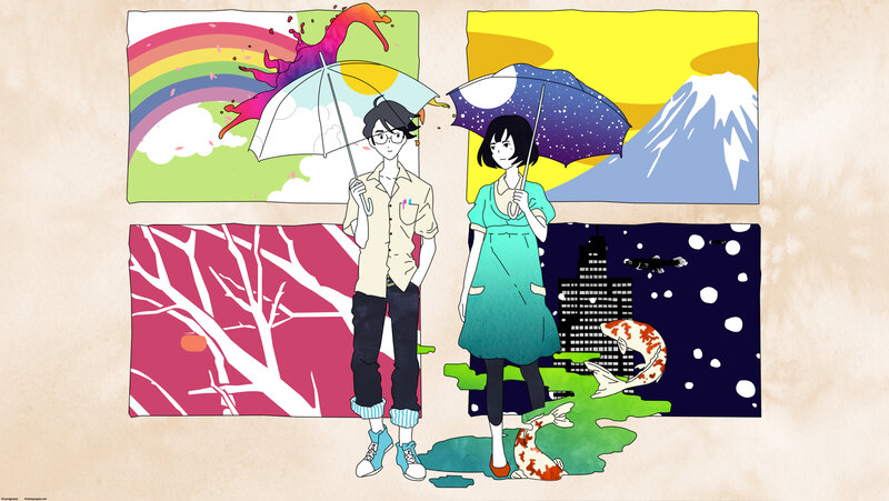 Two characters with umbrellas