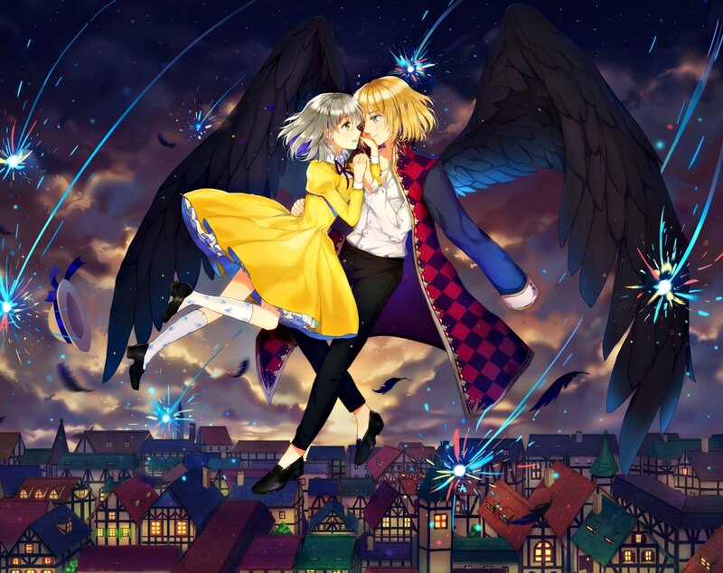 Two Characters with Wings — Black, Dramatic, Night, Anime