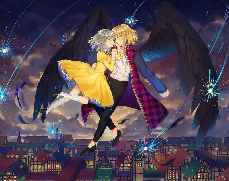 Two Characters with Wings — Purple, Dramatic, Night, Anime, Fireworks