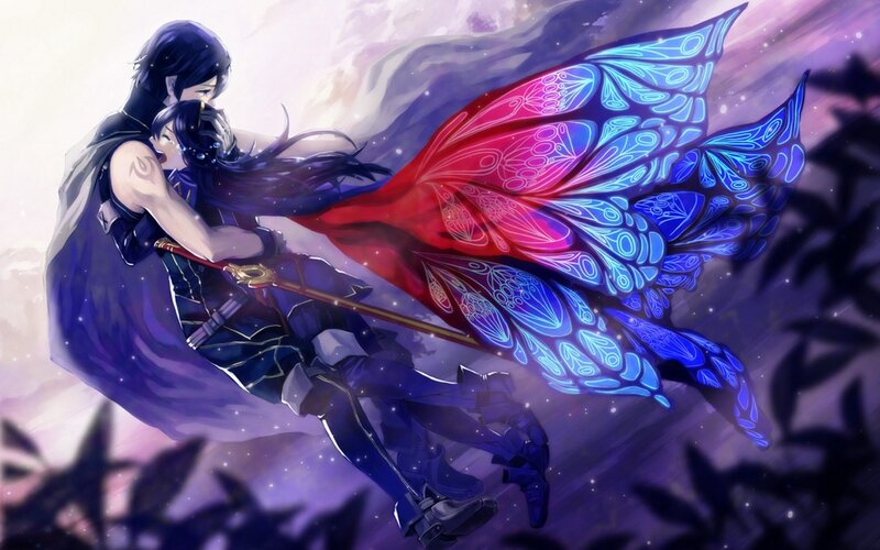 Two Characters with Wings — Purple, Dramatic, Night
