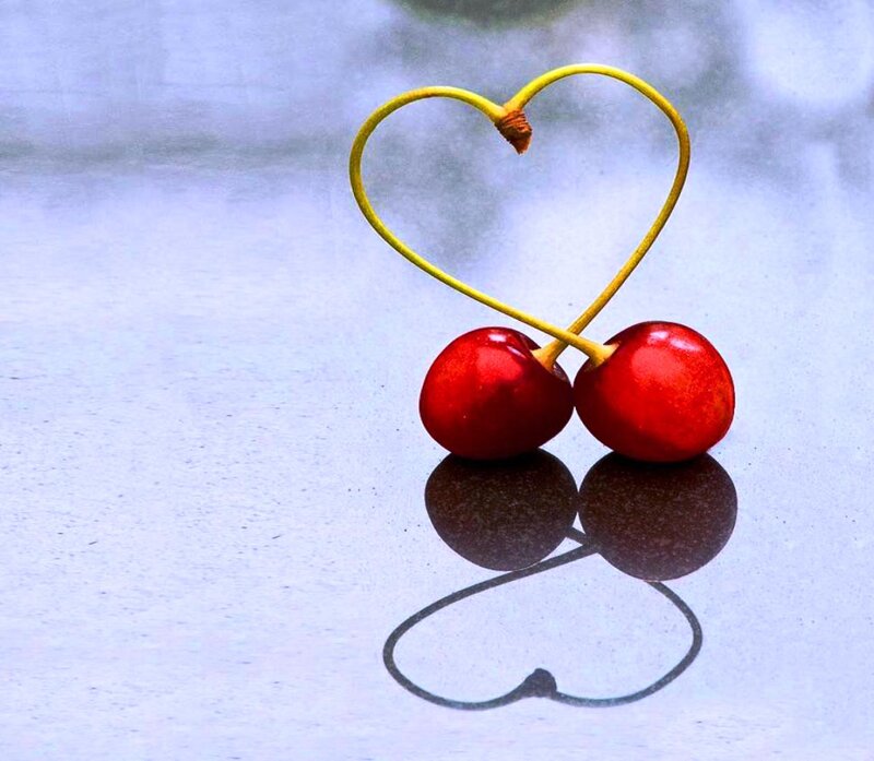Two Cherries Forming Heart — Red